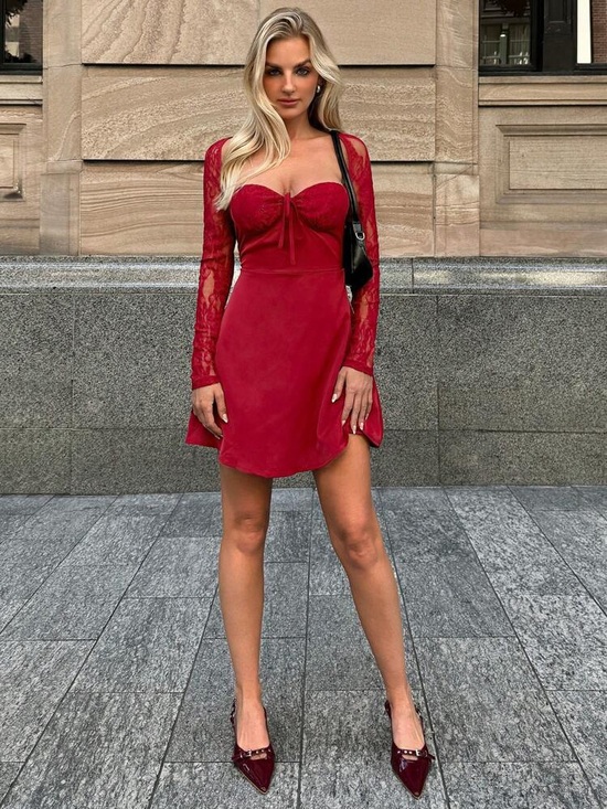 SHEIN Dresses & Skirts - SHEIN Red Lace-Sleeve Sweetheart Mini Dress